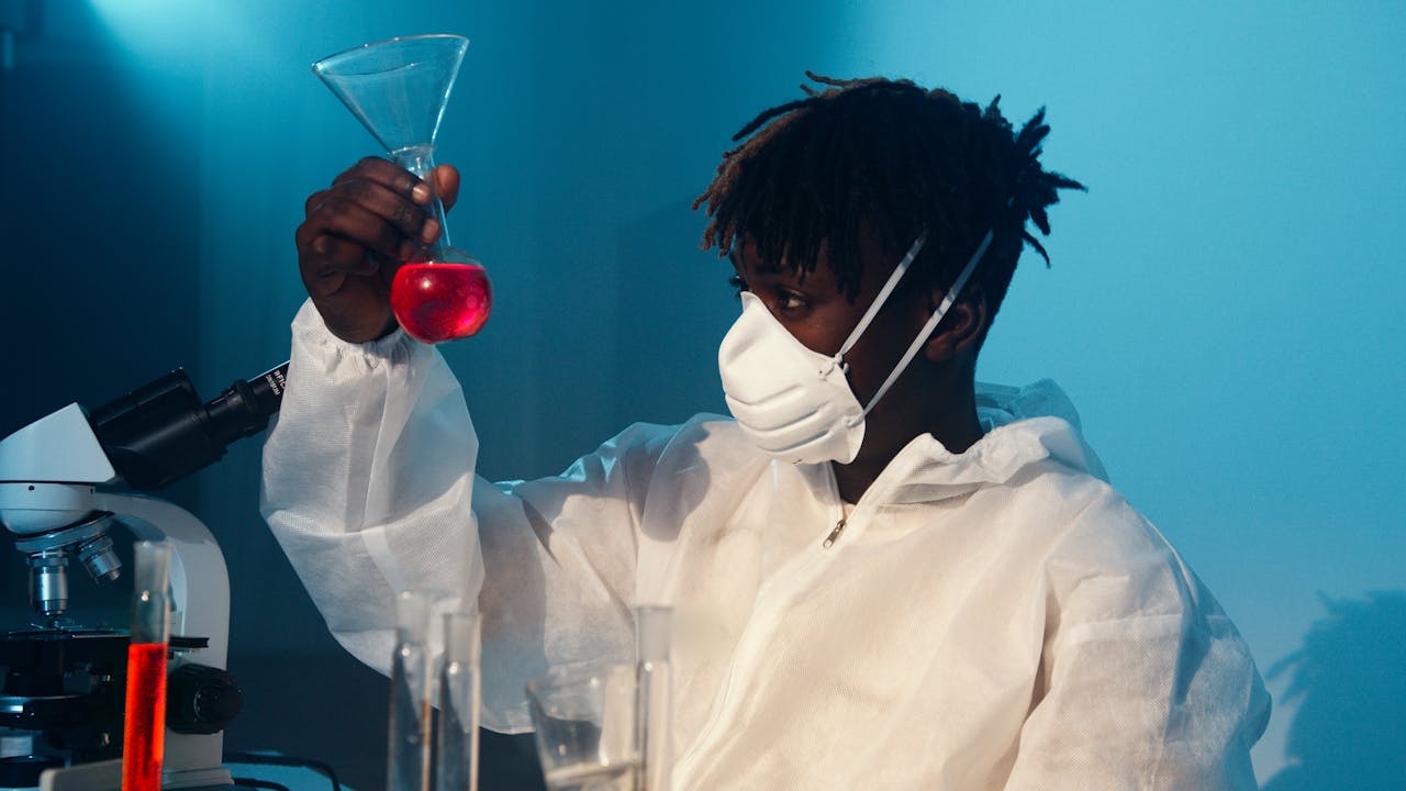 A scientist in a protective suit examines a red chemical in a laboratory.